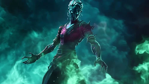 Spectral cyber-warlock emerging through neon emerald fog