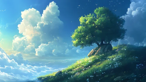 Lone green tree on bright hillside under towering clouds.