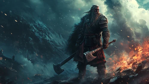 Bearded warrior stands armed with dual axes amid burning battlefield