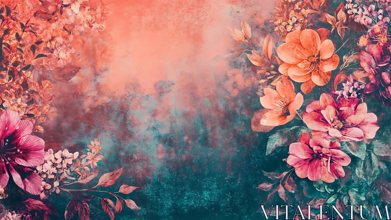Vintage Floral Dreamscape with Romantic Coral and Teal Palette