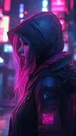 Neon hooded figure in cyberpunk city with magenta rim light.