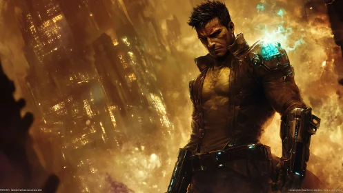 Armored figure in illuminated dystopian urban inferno scene.