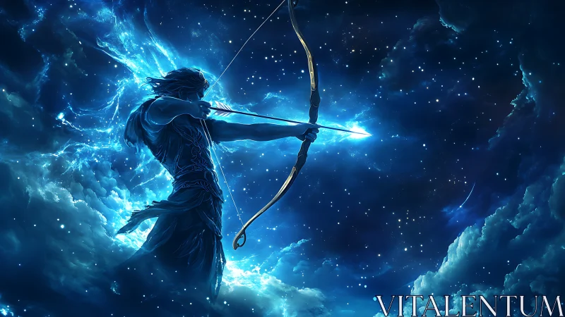 Starforged archer pulls a luminous arrow across the night