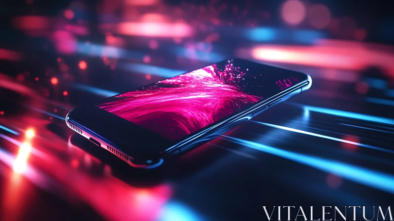 Glass smartphone amid neon light trails and energy sparks.