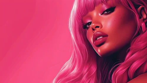 Close-up digital portrait of woman in monochrome pink tones.