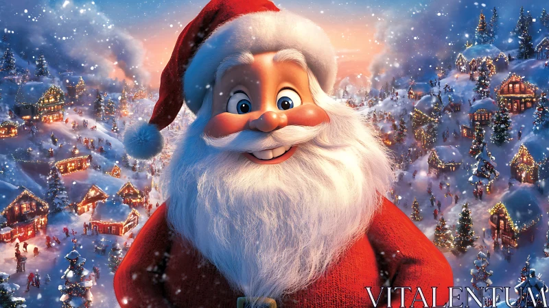 Smiling cartoon Santa in snowy illuminated alpine village scene