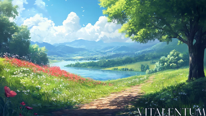 Sunlit riverside path curves through flowered hillside meadow