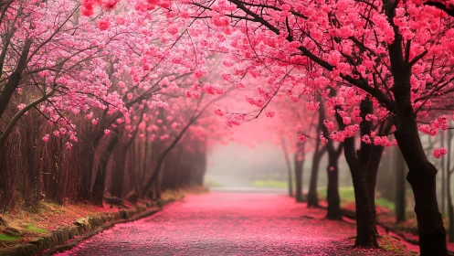 Cherry blossom avenue under soft morning fog perspective.