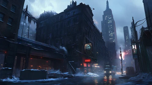 Dark futuristic city street with snow, neon, and traffic.