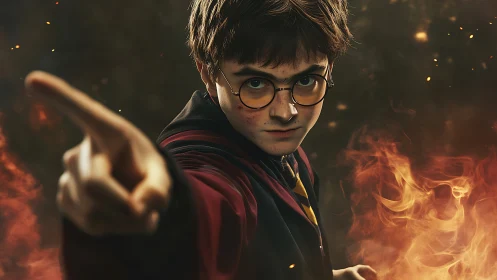 Young fire-wielding wizard casts a blazing, defiant spell.