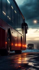 Rainlit red bus glows against a stormy winter twilight road.