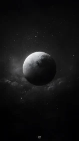Lunar sphere hangs over starfield in stark monochrome void.