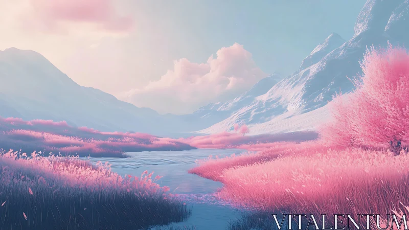 Pastel alpine river valley with luminous pink foliage.