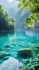 Clear turquoise lake with visible rocky bed and forested slopes