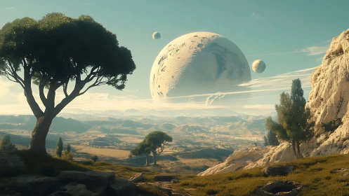 Pastel twin moons drifting above a tranquil alien valley.