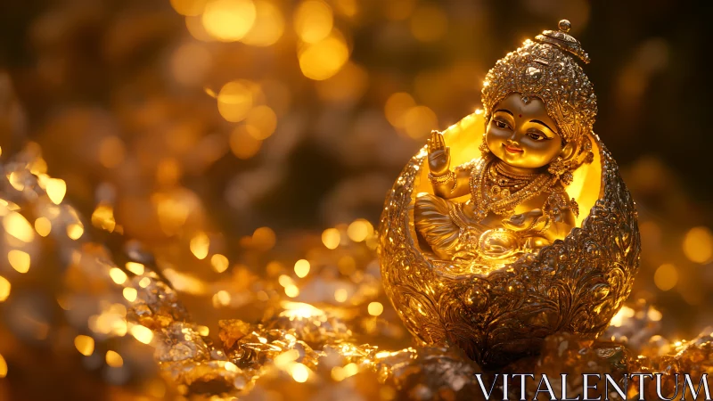 Golden baby Krishna idol rests in ornate glowing lotus shell.