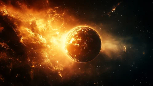 Burning planet surrounded by intense cosmic firestorm.
