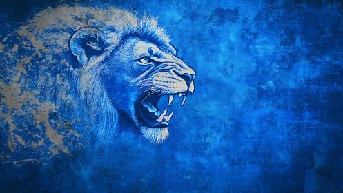 Roaring lion illustration overlays textured blue background