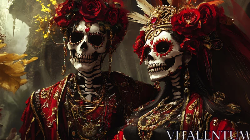 Digital painting of ornate D&iacute;a de los Muertos skeletal regalia.