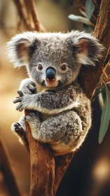 Photorealistic koala study on eucalyptus branch, shallow depth.