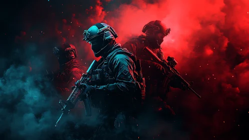 Tactical squad moves through glowing red and blue smoke.