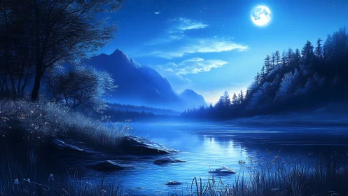 Moonlit alpine lake with high-contrast blue tonal night rendering