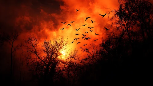 Bird silhouettes crossing a blazing crimson sunset sky.