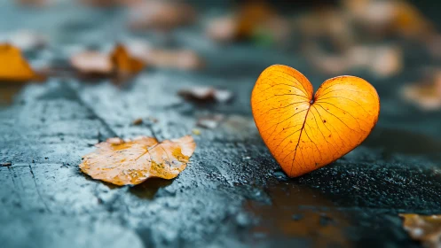 Golden heart-shaped leaf rests on weathered stone surface.