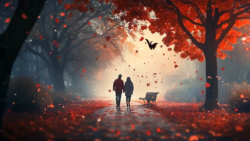 Autumnal Silhouette Pathway: Couple Traversing Luminescent Leaffall.