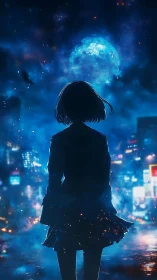 Midnight city dreams under a cosmic blue moon glow.