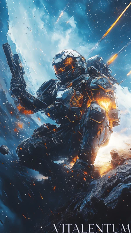 Armored sci-fi trooper in dynamic cosmic battlefield tableau.