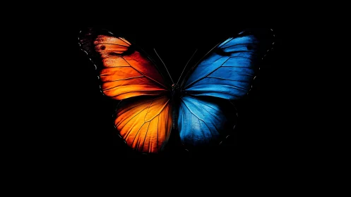 Vivid orange and blue butterfly glows against deep black