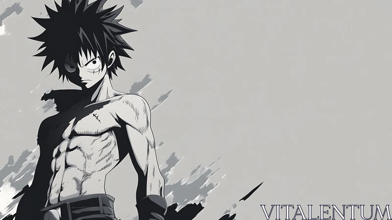 Brooding anime fighter standing strong in grayscale silence.