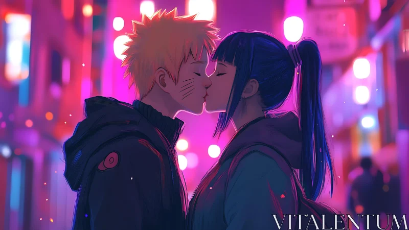 Two stylized figures kiss in neon lit urban street