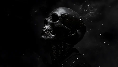 Glossy obsidian skull profile under fractured starlit void.