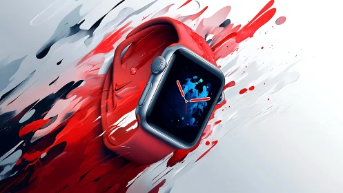 3D product render of red smartwatch with dynamic paint streaks.
