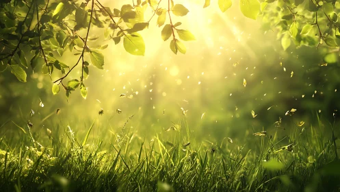 Sunlit Forest Meadow with Lush Grass and Glowing Leaves, Dreamy Style.