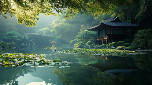 Serene Japanese lakeside pavilion with misty forest reflections