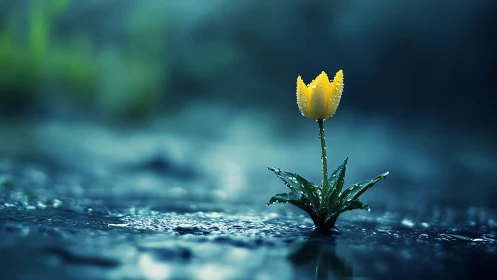 Yellow tulip after rainfall in moody blue landscape.