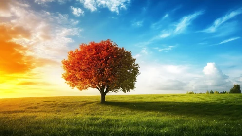 Solitary tree anchors split-spectrum sky over illuminated meadow