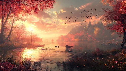 Rowboat moves across lake under intense autumn sunset