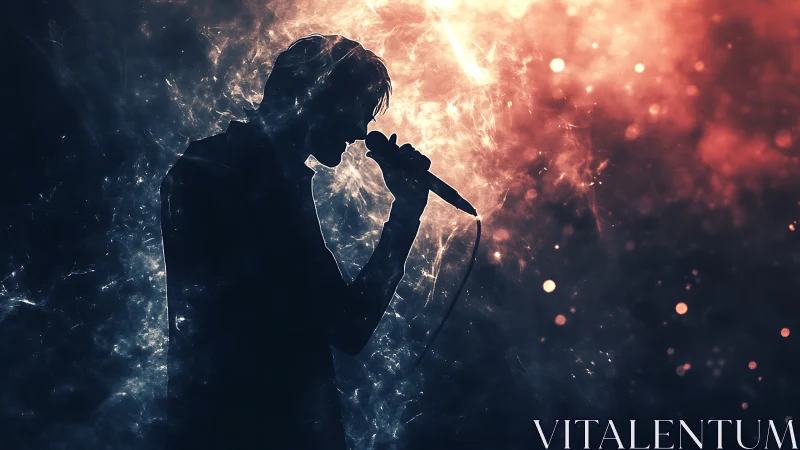 Silhouetted vocalist in nebular lightfield with dynamic bokeh field.
