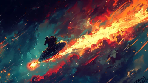 Warrior Surfing Cosmic Firestorm Through Turbulent Sky.