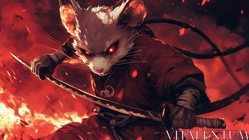 Samurai mouse warrior with katana in blazing red battle