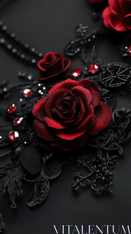 Deep crimson velvet roses with crystalline embellishments on textured dark fabric