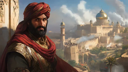 Desert prince watching over a golden domed city at dawn.