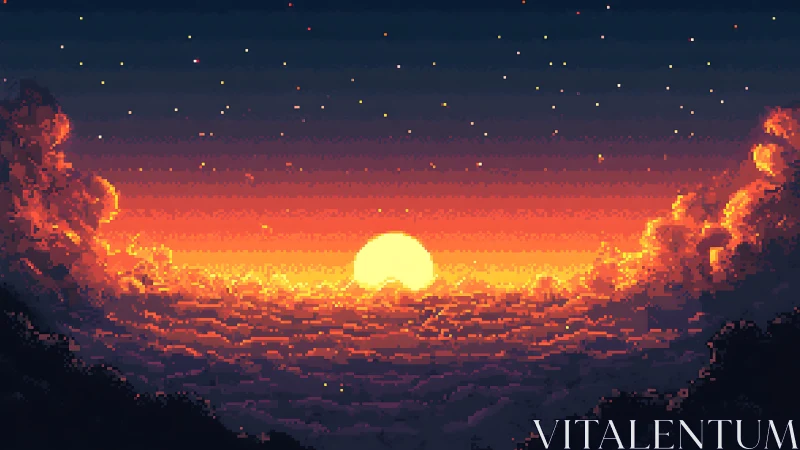 Pixel sunrise over cloud sea with saturated warm gradients.