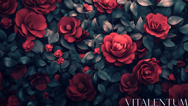 Layered Rose Composition: Deep Red Blooms Against Teal-Toned Foliage.