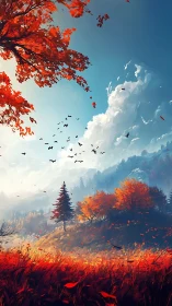Autumn hillside landscape shows red foliage, clouds and birds