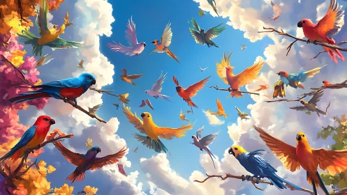 Colorful Flock of Parrots Flying in a Vivid Digital Painting.